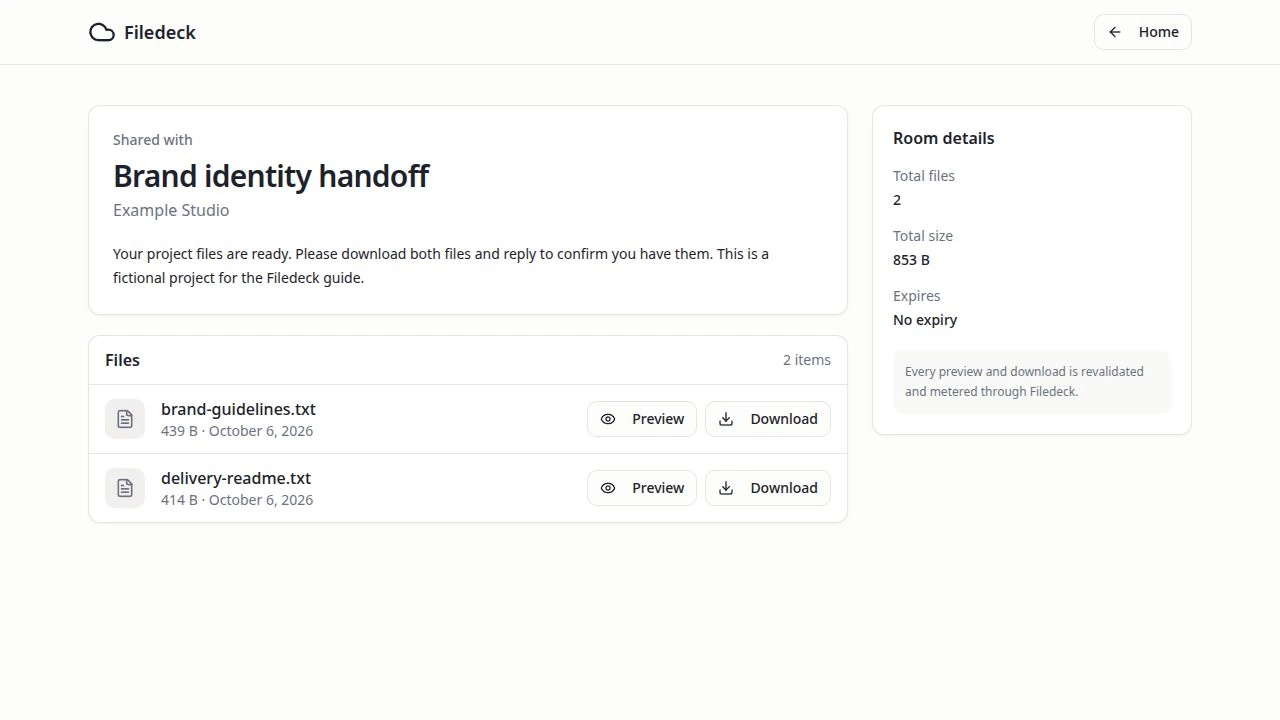 A Filedeck delivery room showing an example client project and its files