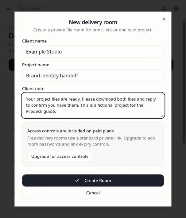Filedeck’s New delivery room form with an example client, project name, and delivery instructions